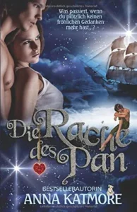 Der Buchcover-Titel „Die Rache des Pan“ von Anna Katmore zeigt Peter Pan und James Hook vor einem sternenklaren, blauen Hintergrund mit Mond und Schiff.