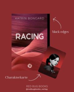 Buchcover von Racine von Katrin Bongard und eine Charakterkarte mit dem Bild von Pia.