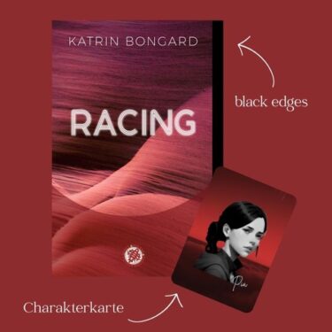 Buchcover von Racine von Katrin Bongard und eine Charakterkarte mit dem Bild von Pia.