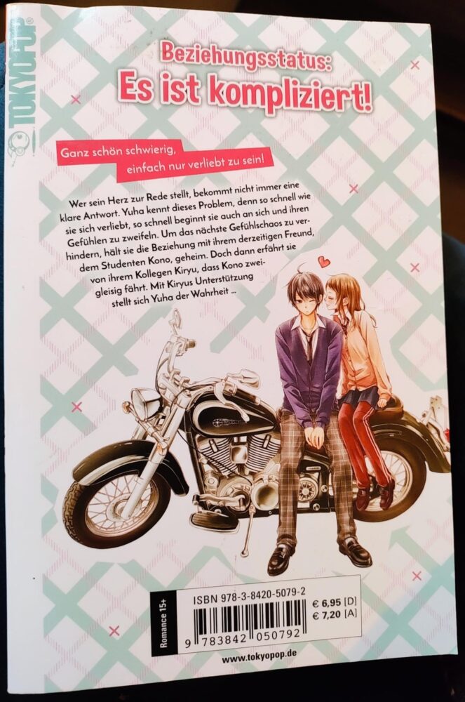 Rückseite eines Buches mit dem Titel 'Beziehungsstatus: Es ist kompliziert!' und Illustrationen von zwei Charakteren.