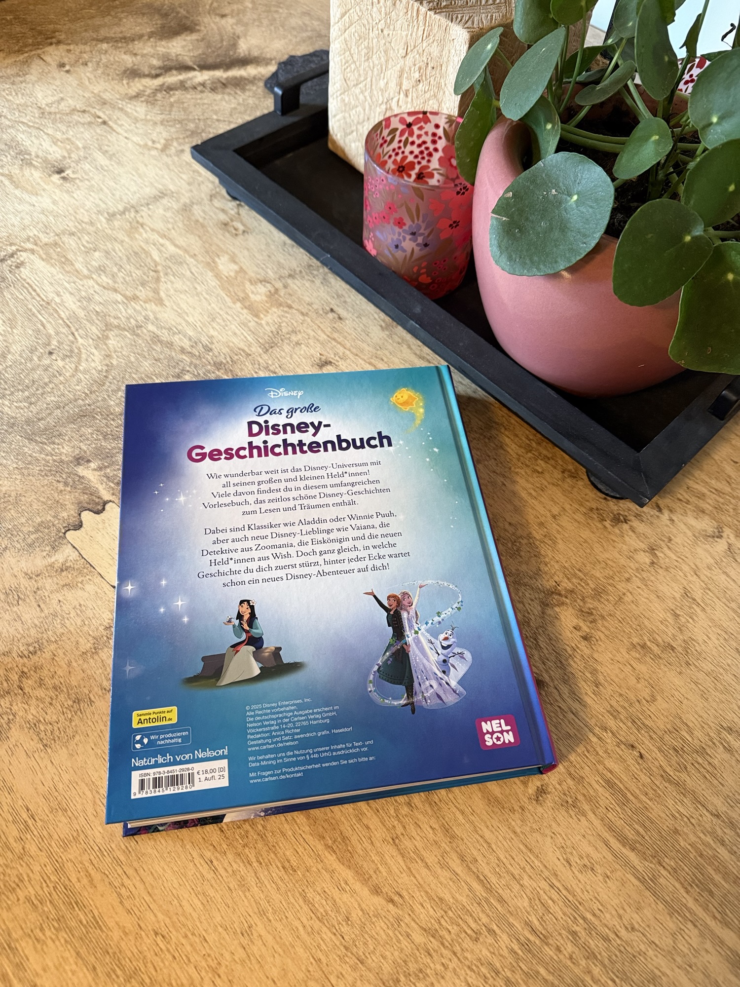 Rückseite eines Disney-Geschichtenbuchs mit Illustrationen und Text auf einem Holztisch.