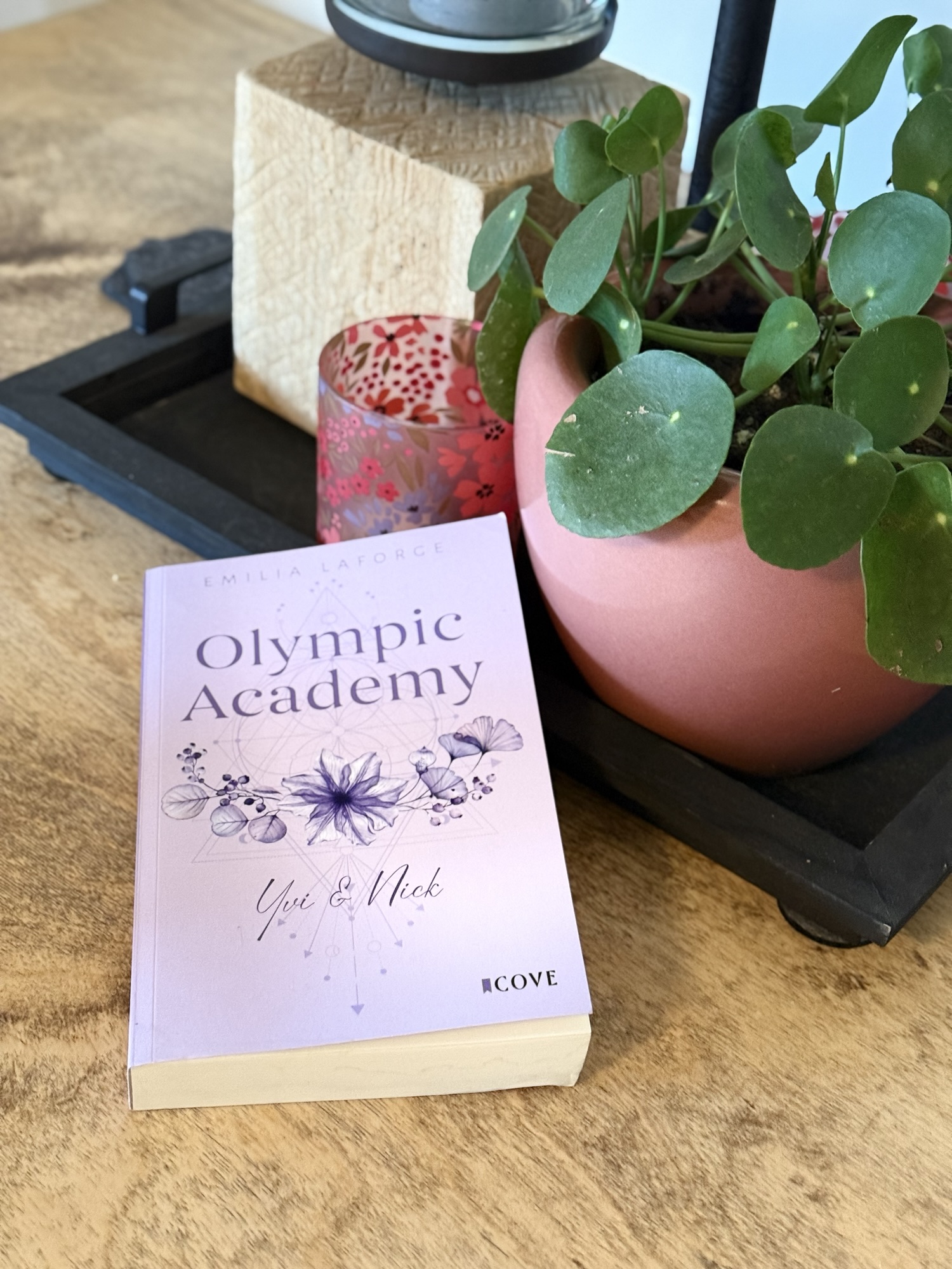 Buchcover von 'Olympic Academy' von Emilia Jaforce auf einem Tisch neben einer Pflanze.