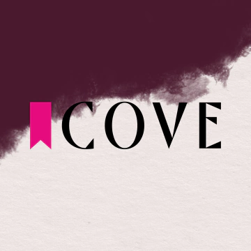 Logo von Cove mit einem pinken Lesezeichen und einem kreativen Hintergrund.