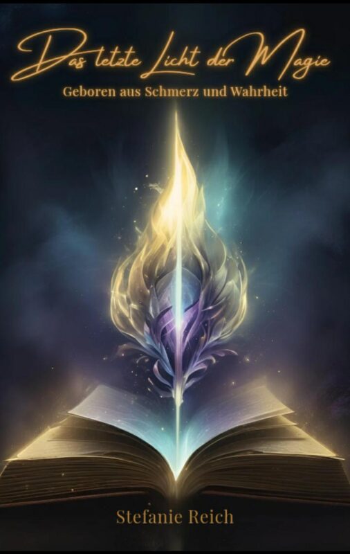 Buchcover von 'Das letzte Licht der Magie' mit einer offenen Buchillustration und magischem Licht.