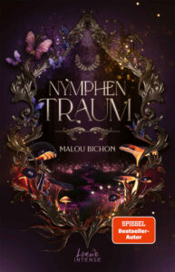 Violette Buchcover-Illustration mit goldenen Ornamenten, Schmetterlingen und dem Titel „Nymphentraum“ von Malou Bichon.