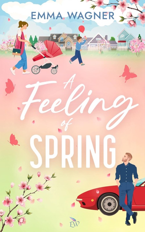 Illustration mit Emma Wagner, „A Feeling of SPRING“: pastellfarbene Blüten, Schmetterlinge, roter Oldtimer und Figuren im blauen Hemd in frühlingshafter Stimmung.