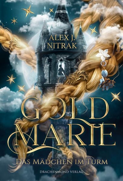 Vor einem mondverhangenen Turm windet sich ein goldener Zopf um das Buchcover von Goldmarie – Das Mädchen im Turm von Alex J. Nitrak.
