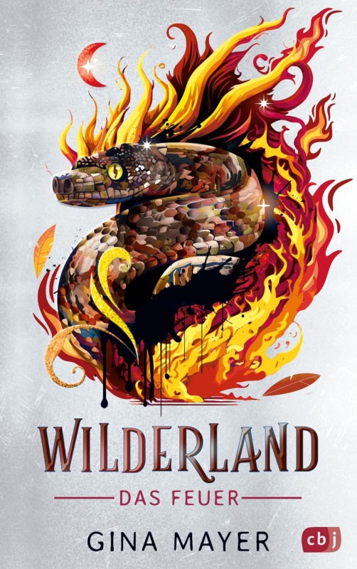 Illustration eines feuerspeienden Drachen mit Flügeln und Mondsichel aus Wilderland – Das Feuer von Gina Mayer.