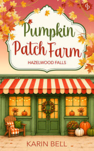 Das herbstlich geschmückte Schaufenster des Hofladens trägt den Schriftzug „Pumpkin Patch Farm“ und den Namen Karin Bell.